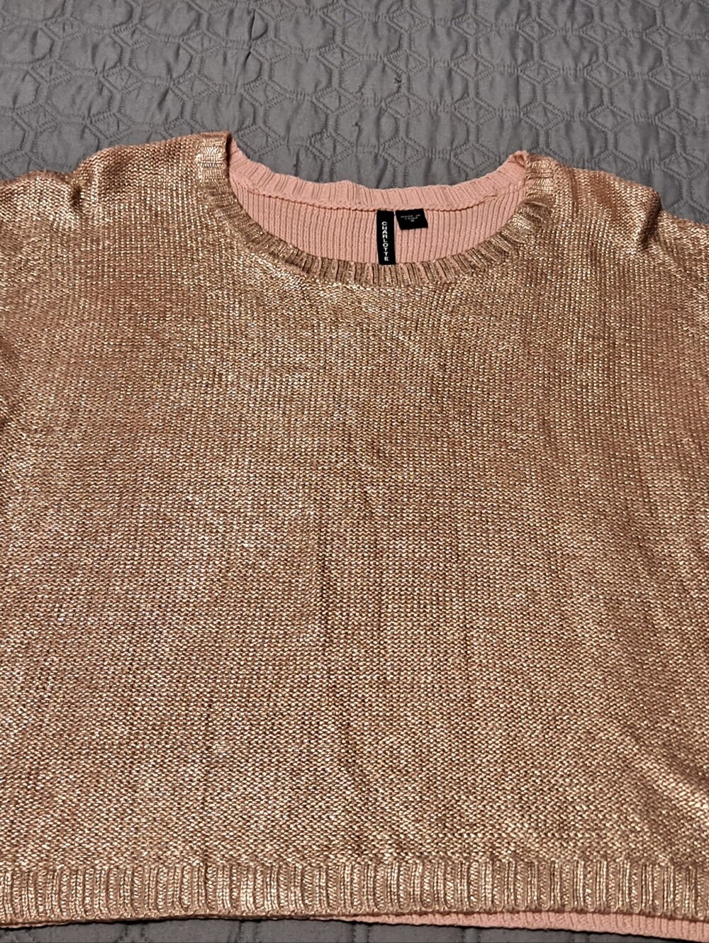 Charlotte Rose Gold Metallic Knit Sweater with Blush Trim Size M